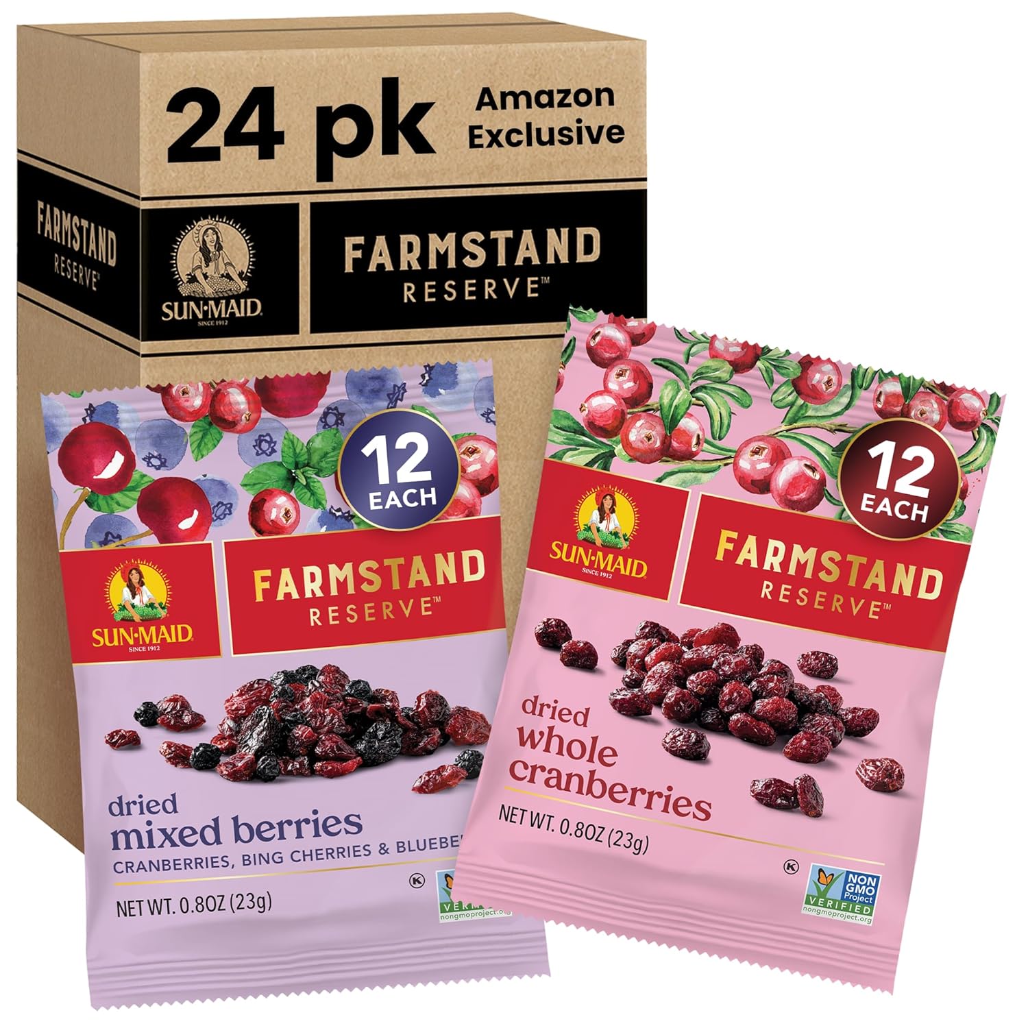 Sun-Maid Farmstand Reserve 24 Count Variety Pack - 0.8 oz Snack Bag – (12) Whole Dried Cranberries and (12) Dried Mixed Berries (Amazon Exclusive)