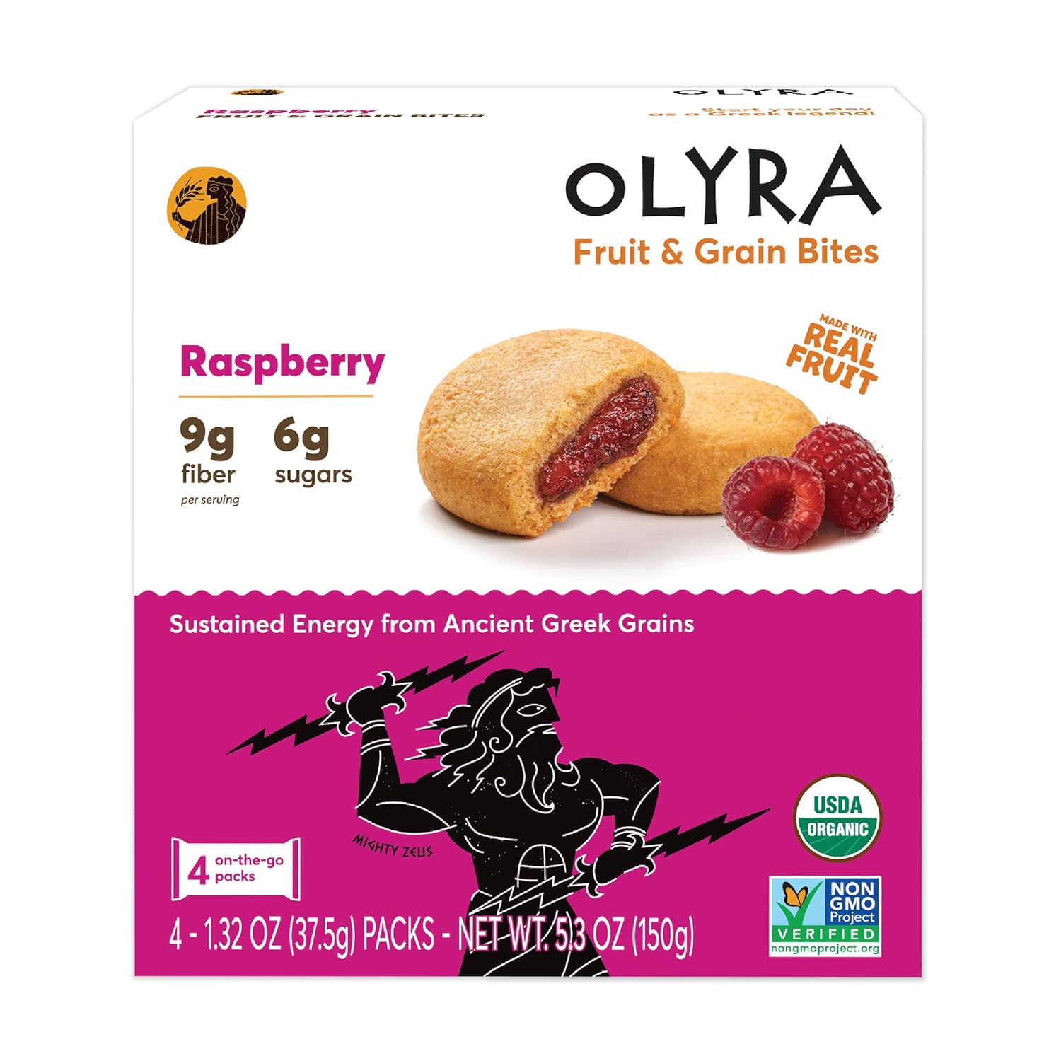 Olyra Raspberry Organic Fruit Bars, Prebiotic High Fiber Snack, Gut Health, Fruit Filled & Whole Grain Bites, Kids Healthy Snacks, Low Sugar, Vegan, USDA Certified Organic, Non GMO (Pack of 4)