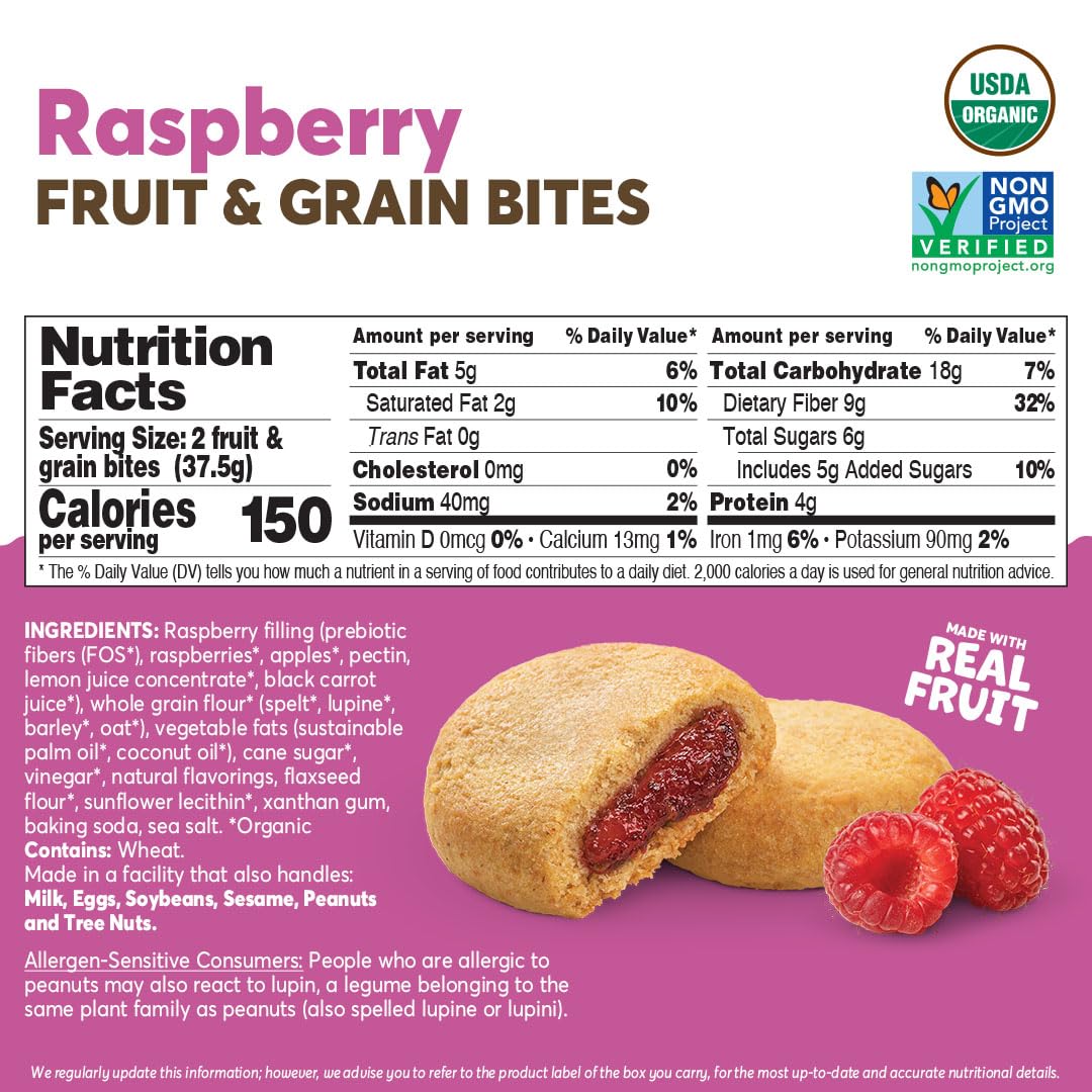 Olyra Raspberry Organic Fruit Bars, Prebiotic High Fiber Snack, Gut Health, Fruit Filled & Whole Grain Bites, Kids Healthy Snacks, Low Sugar, Vegan, USDA Certified Organic, Non GMO (Pack of 4)