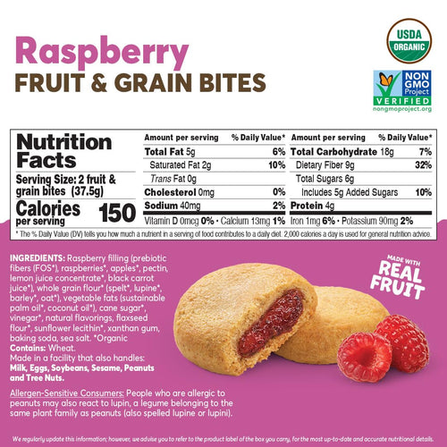 Olyra Raspberry Organic Fruit Bars, Prebiotic High Fiber Snack, Gut Health, Fruit Filled & Whole Grain Bites, Kids Healthy Snacks, Low Sugar, Vegan, USDA Certified Organic, Non GMO (Pack of 4)